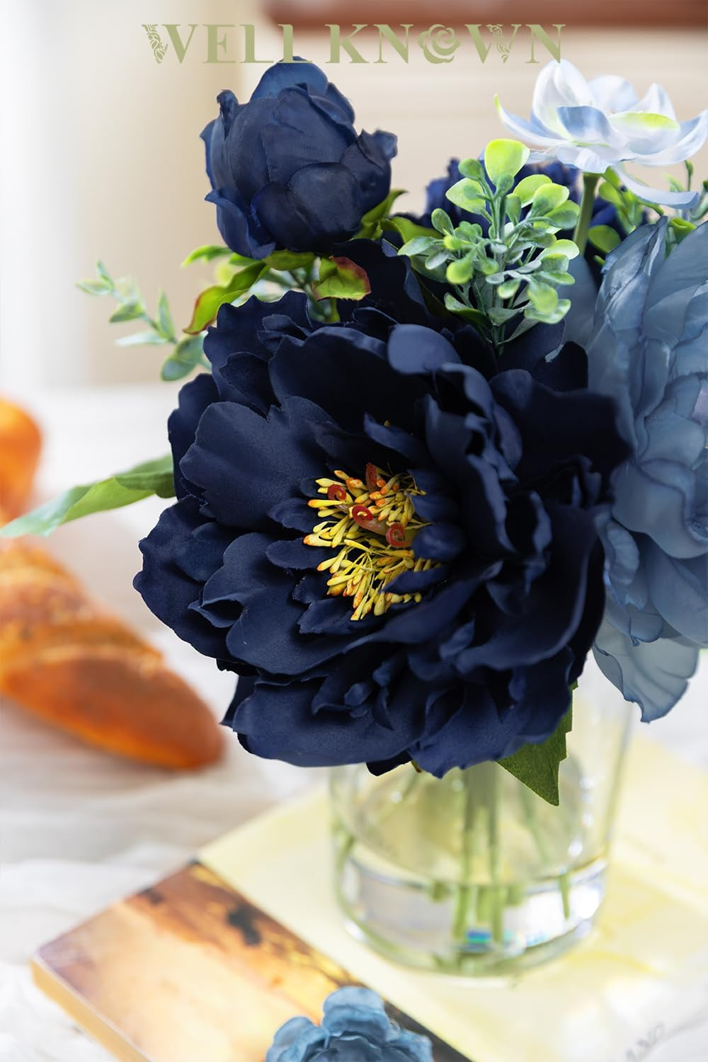 Silk Peony Flower Bouquet in Glass Vase with Fake Water – Navy & Light Blue