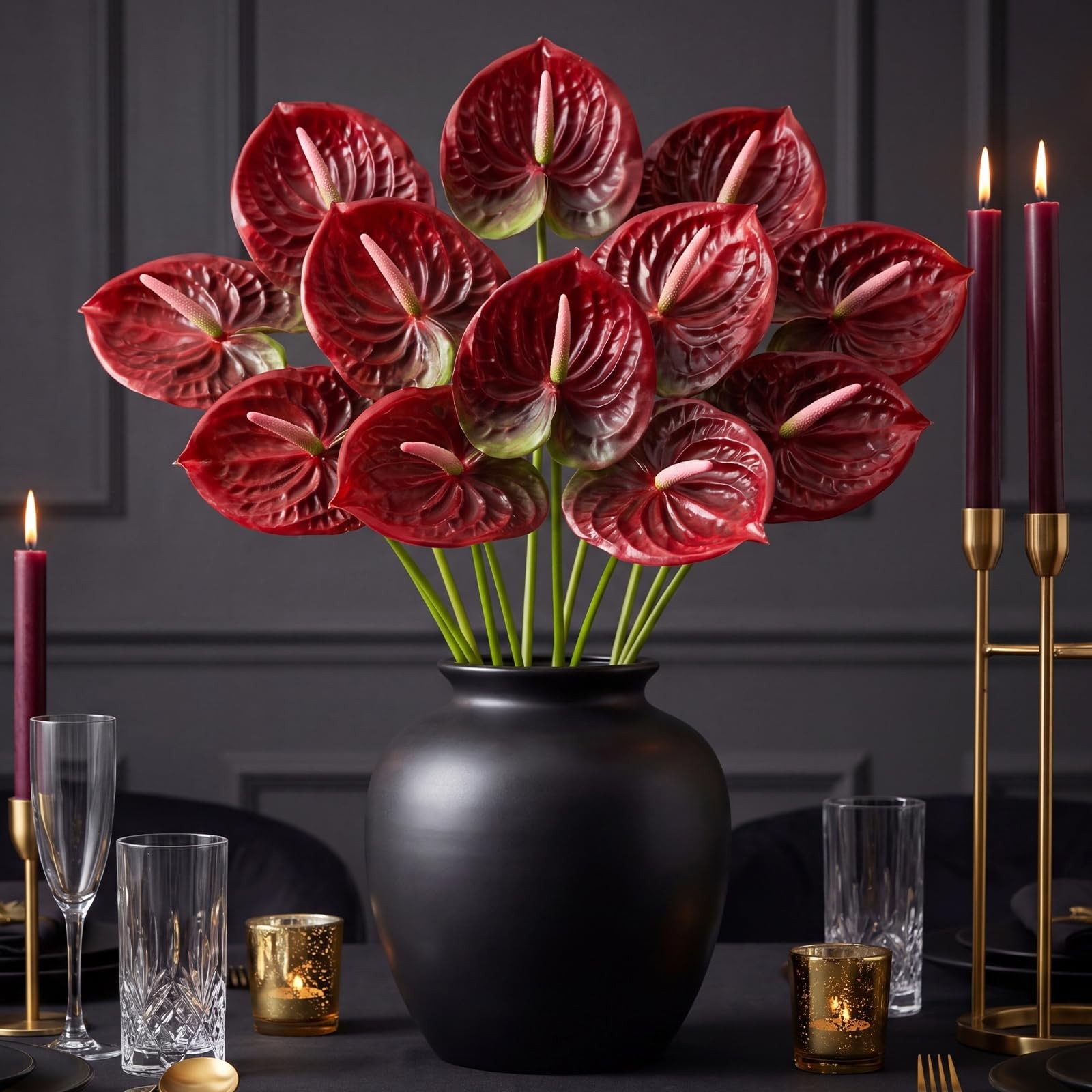 Artificial Anthurium Flowers Gradient Red 23.6 Inch Fake Bouquets 20 PCS