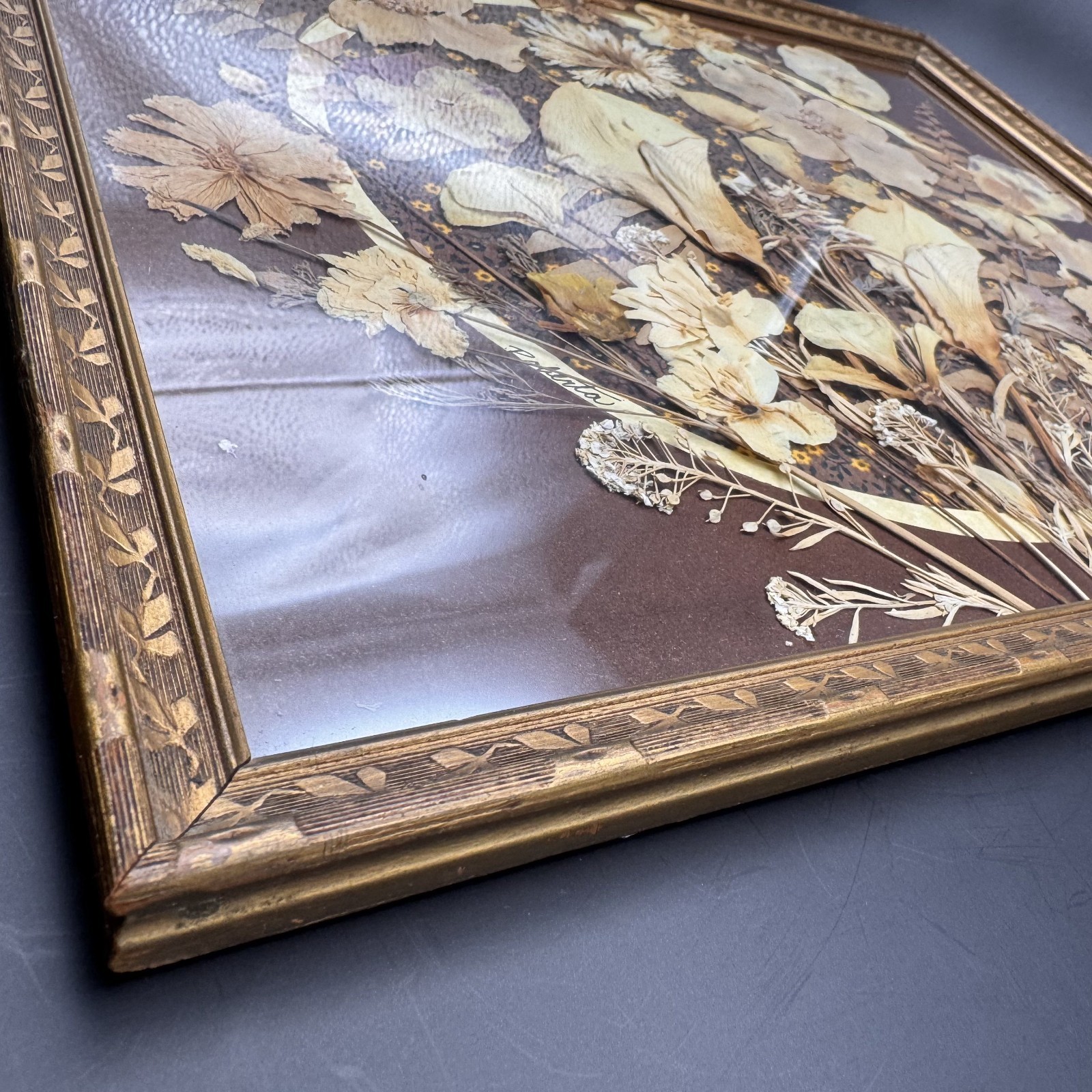 Vintage Pressed Dried Flower Art Wooded Botanical Frame Signed by Artist
