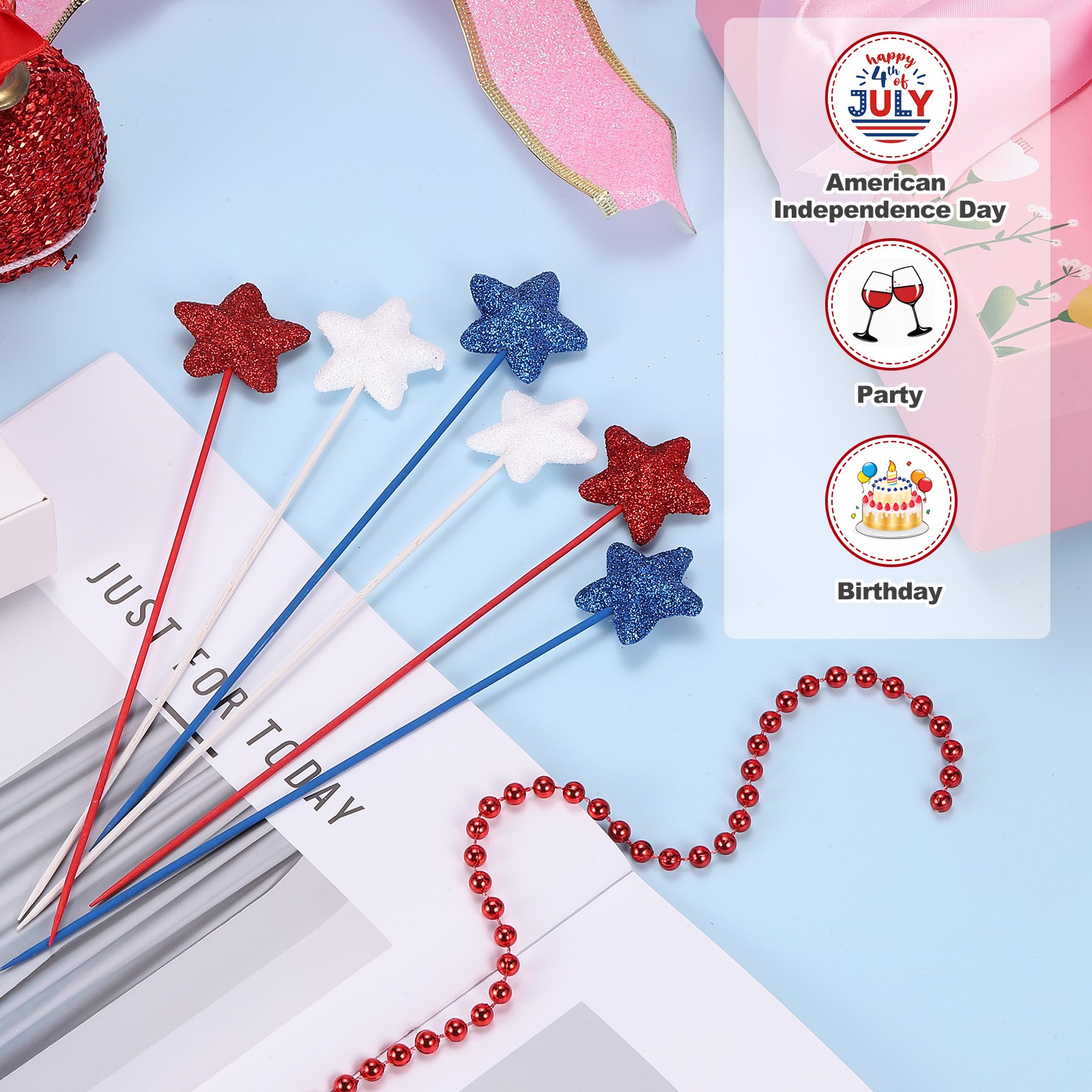 6 Pcs 4th of July Glitter Star Picks 8″ Puffy Sparkly Sticks (White)