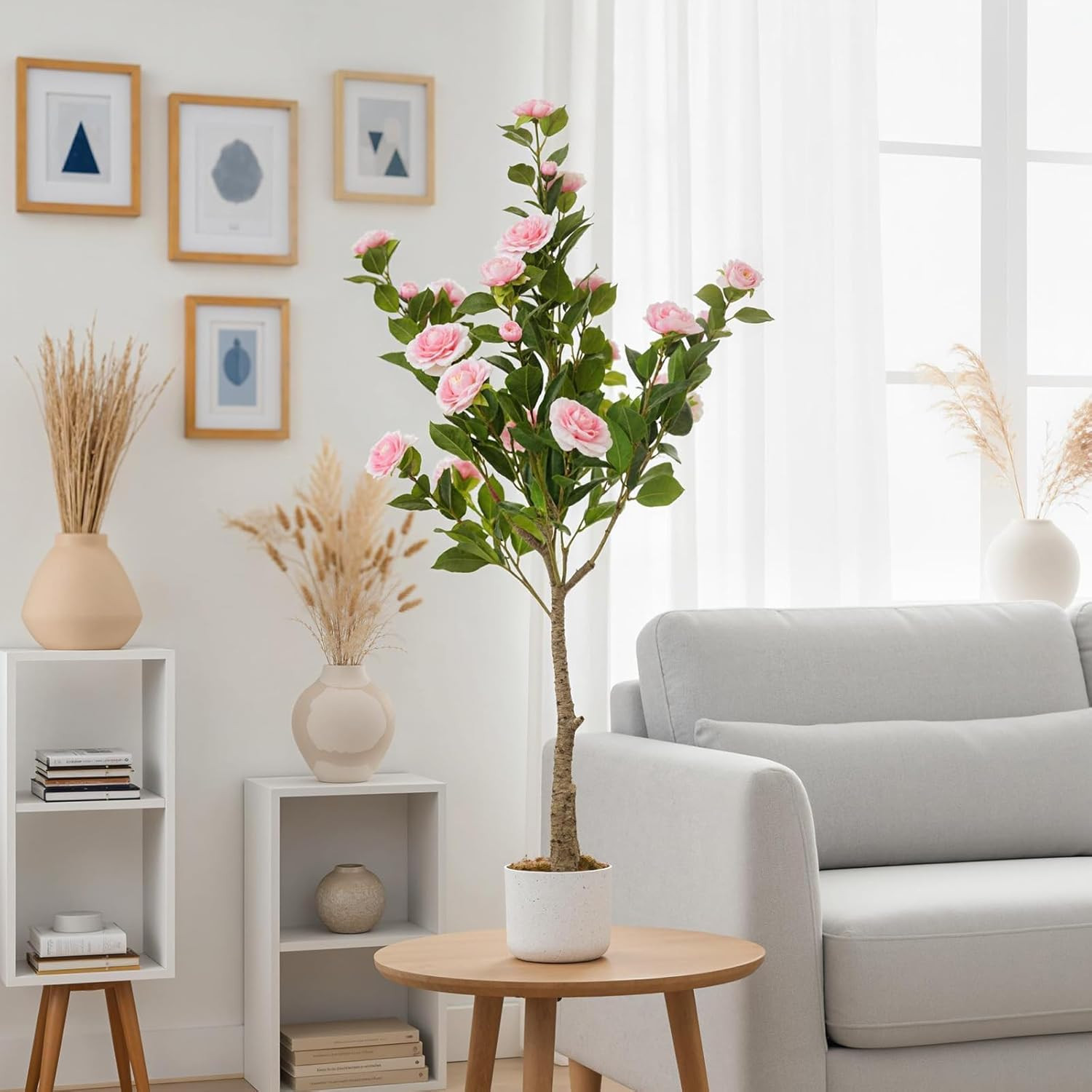 Faux Camellia Tree 2 Pack – 43″ Tall Pink Flowering Plants for Home Decor