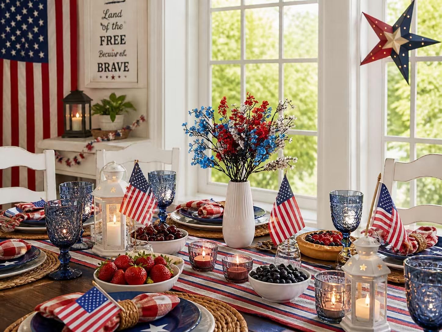 6 Bundles Patriotic Red White Blue Silk Baby’s Breath, 18.5″ Artificial Flowe…