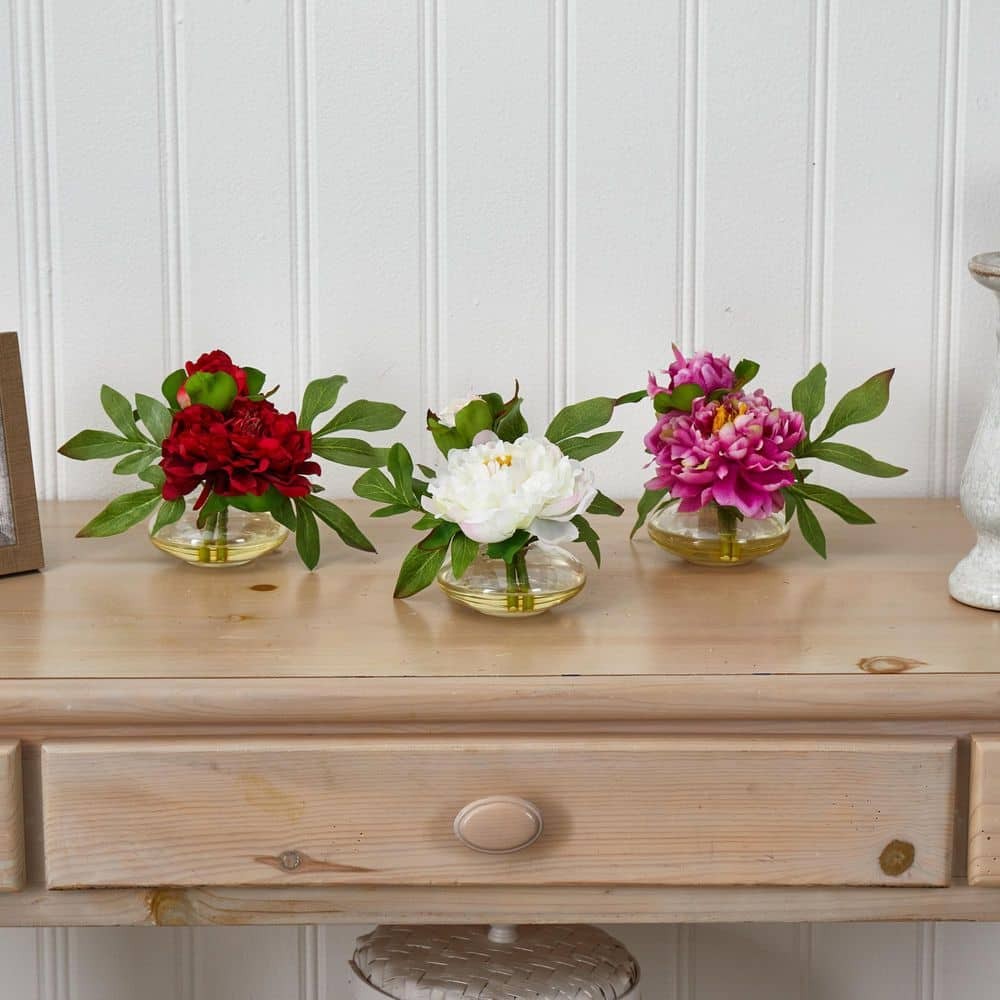 Nearly Natural 6in. Artificial H Peony Assorted with Glass Vase (Set of 3)