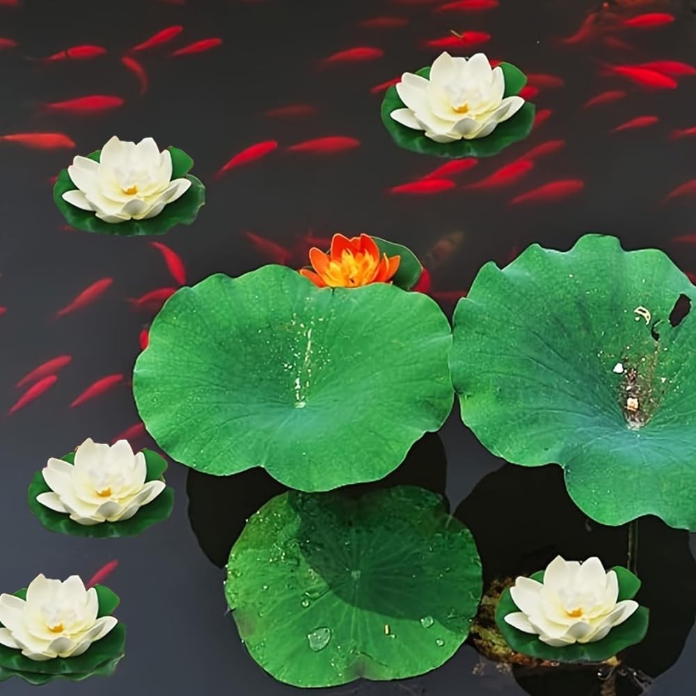 MHYGKTXRA 4 Pcs Artificial Floating Foam Lotus Flower with Water Lily Pad, Li…