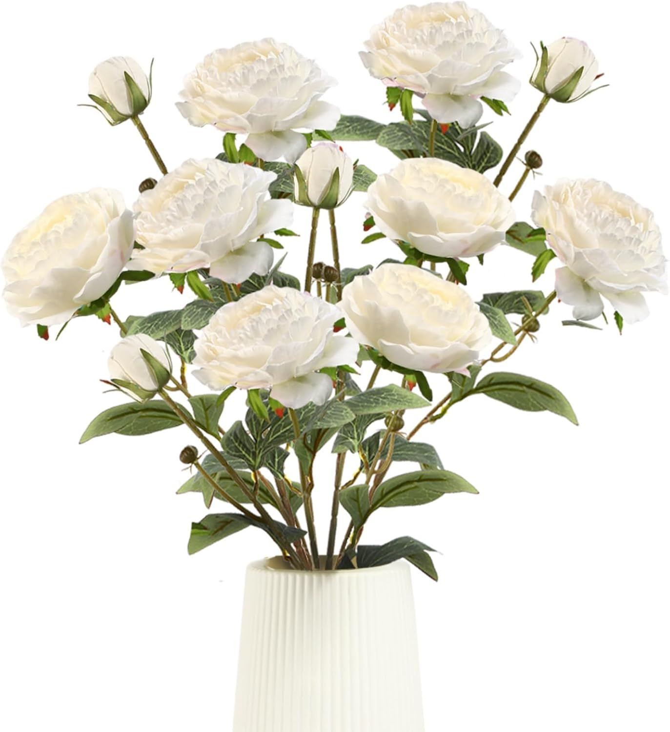 White Peonies Artificial Flowers,4 Pcs 27.5“ Faux Silk Peonies with Stems Real L