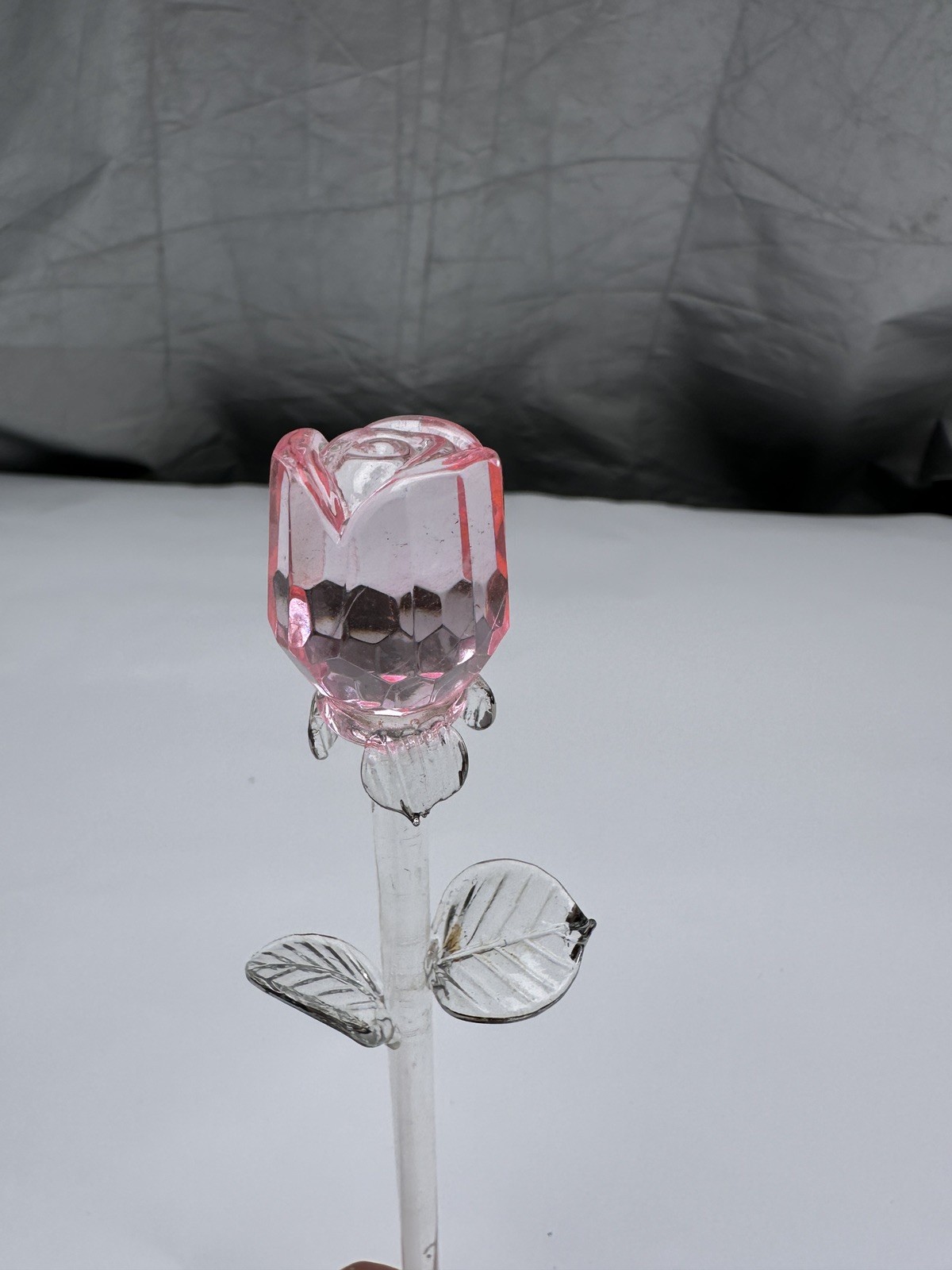 9” Pink Crystal Glass Rose Figurine Closed Bud Long Stem Flower Sculpture