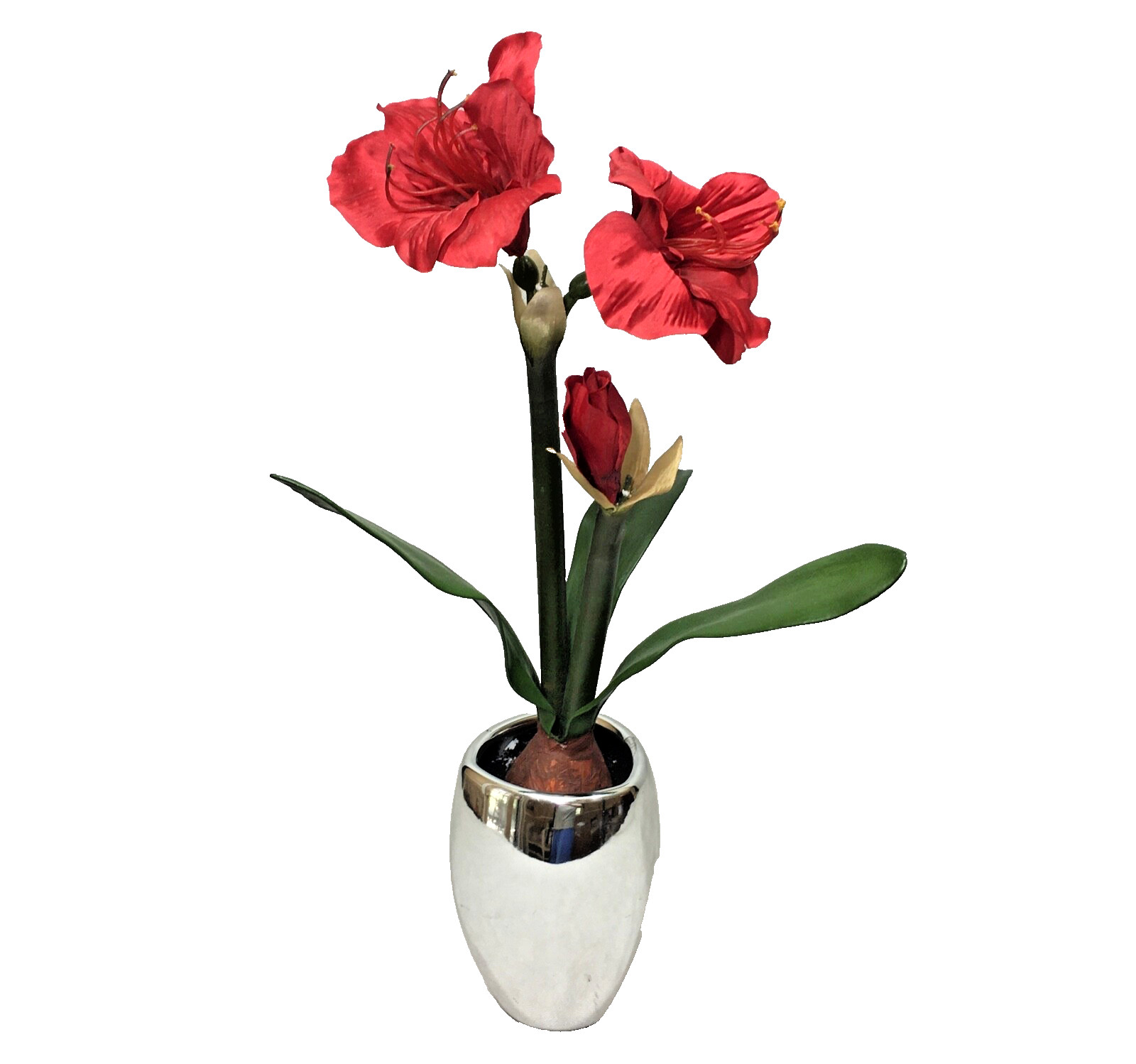 Metallic Chrome Ceramic 7″ Planter Vase w/ Faux Flower Display Floral