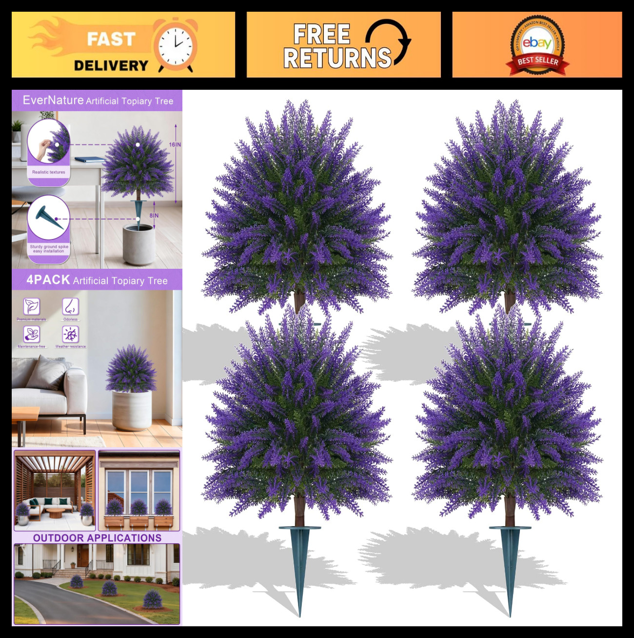 4 Set 16” Artificial Lavender Topiary – UV Resistant Faux Shrubs for Garden & P