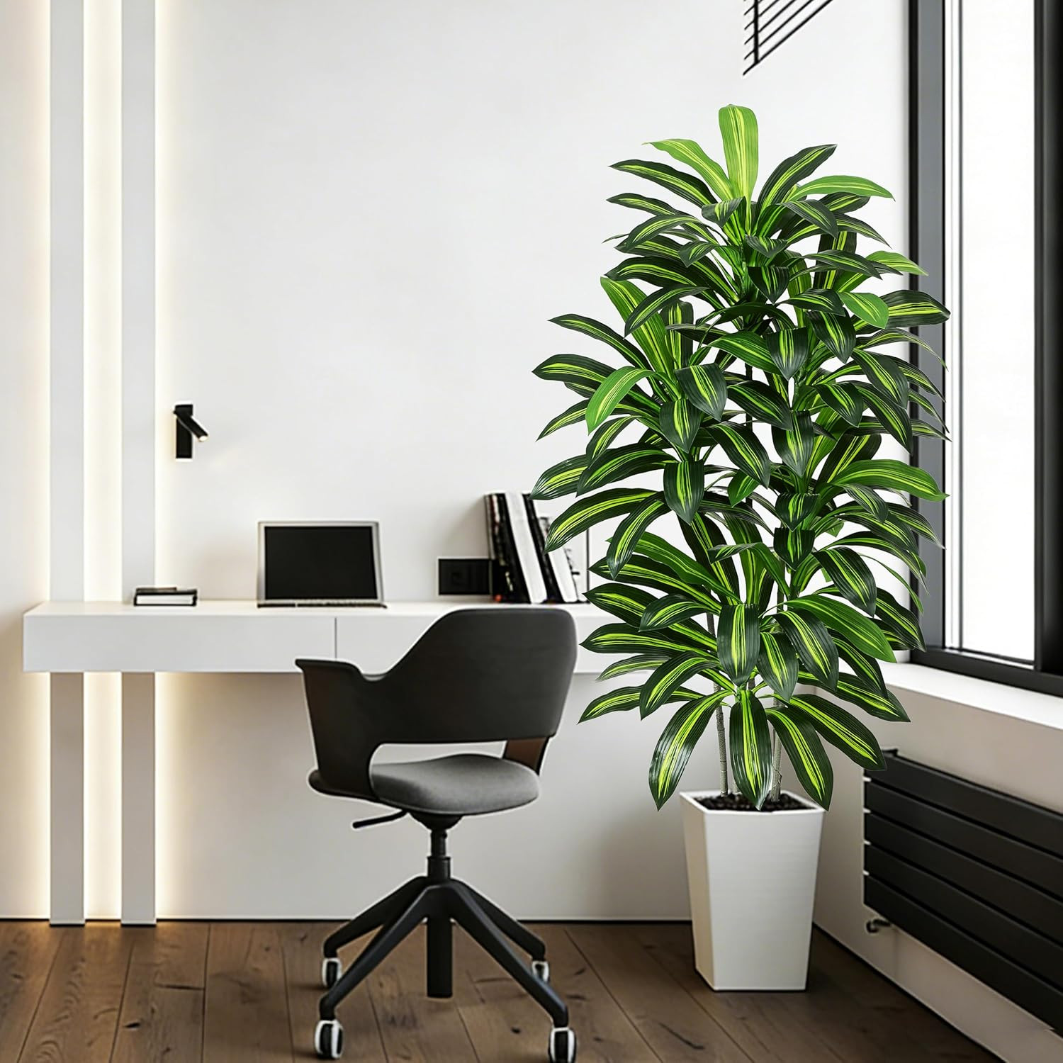 Artificial Dracaena Tree – 6FT Tall Fake Plants with White Tall Planter – Artifi