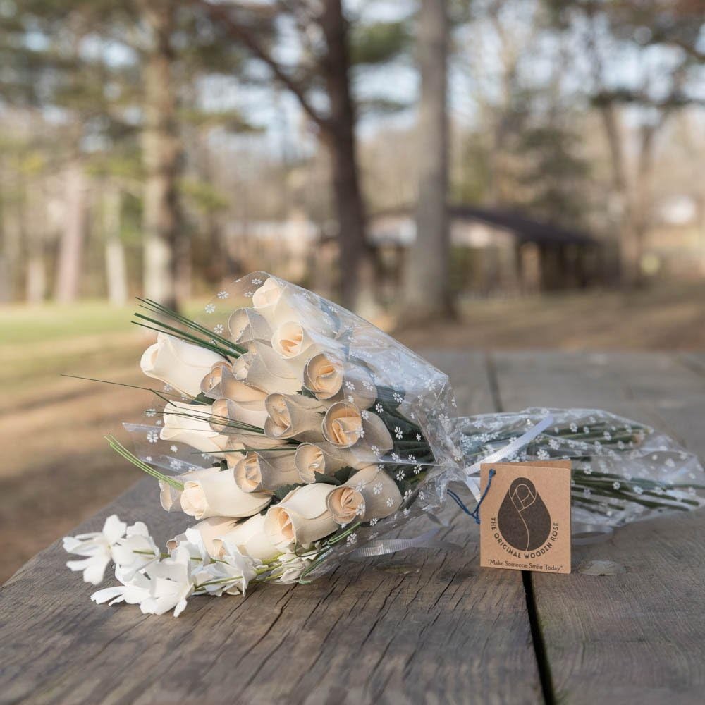25 Year Anniversary Silver and White Flower Bouquet Closed Bud (2 Dozen)