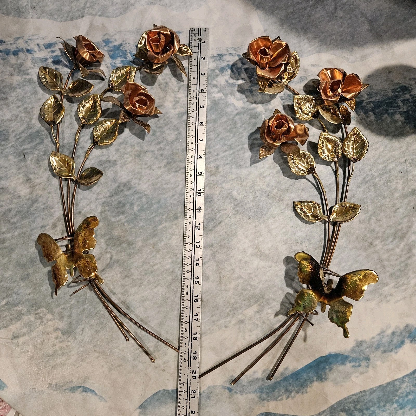Vintage Metal Rose Wall Decor Gold Copper Butterflies Floral Hanging 20″