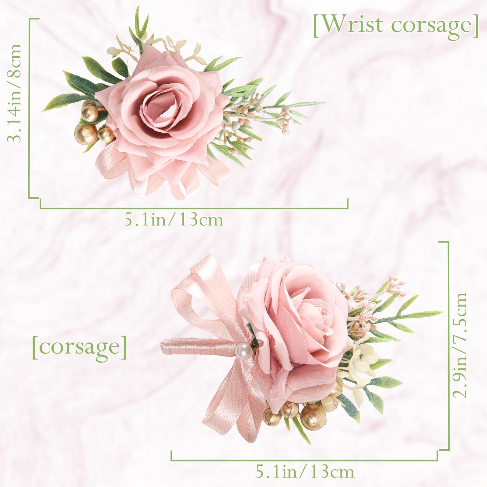 2 PCS Pink Artificial Rose Wrist Corsage Boutonniere Set Wedding Prom Decor