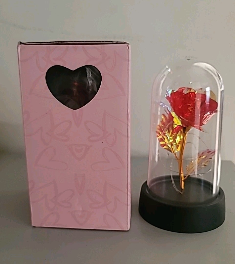 Red & Gold Rose Flower In Dome Glass LED Light Gift, Valentine, Wedding Decor