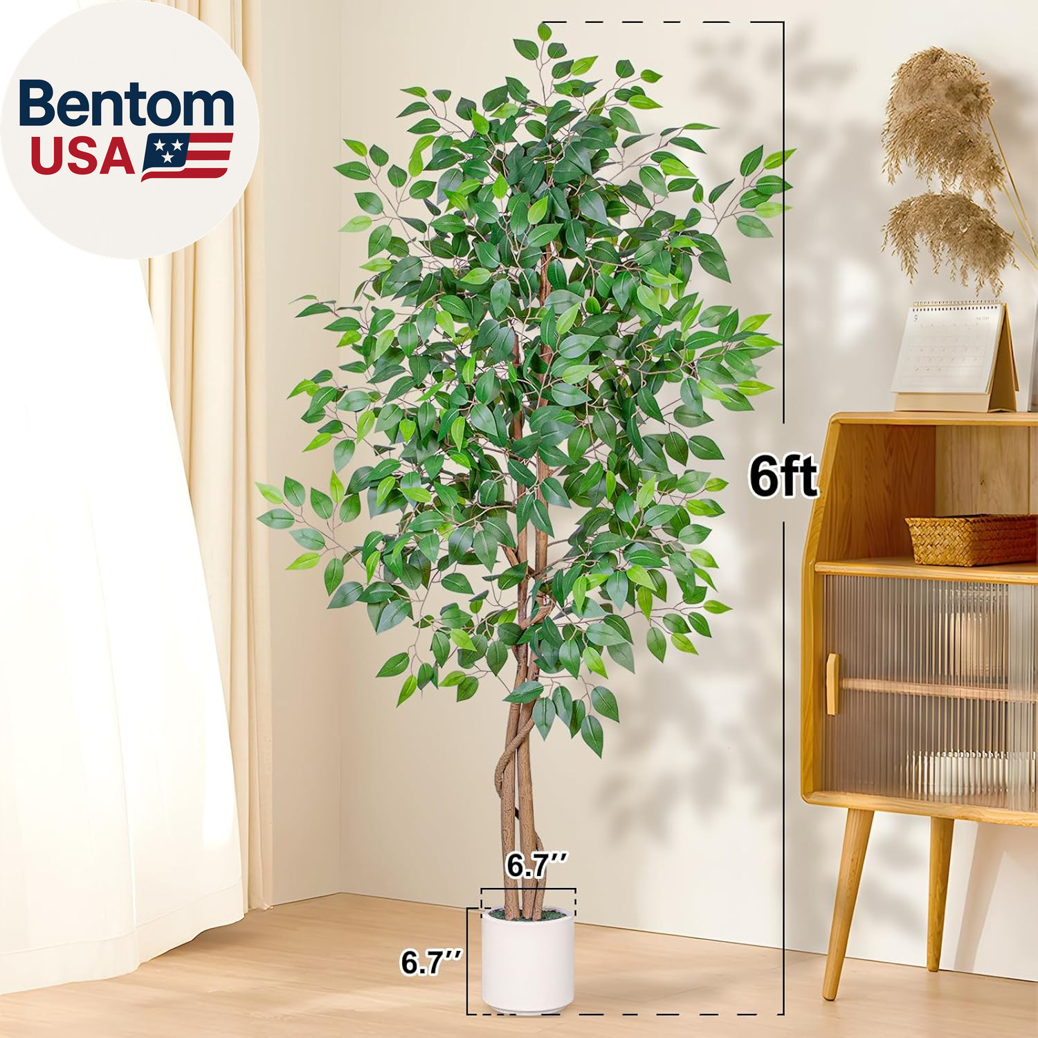 6FT Artificial Ficus Tree with White Planter, Realistic Faux Silk Indoor Outdoor