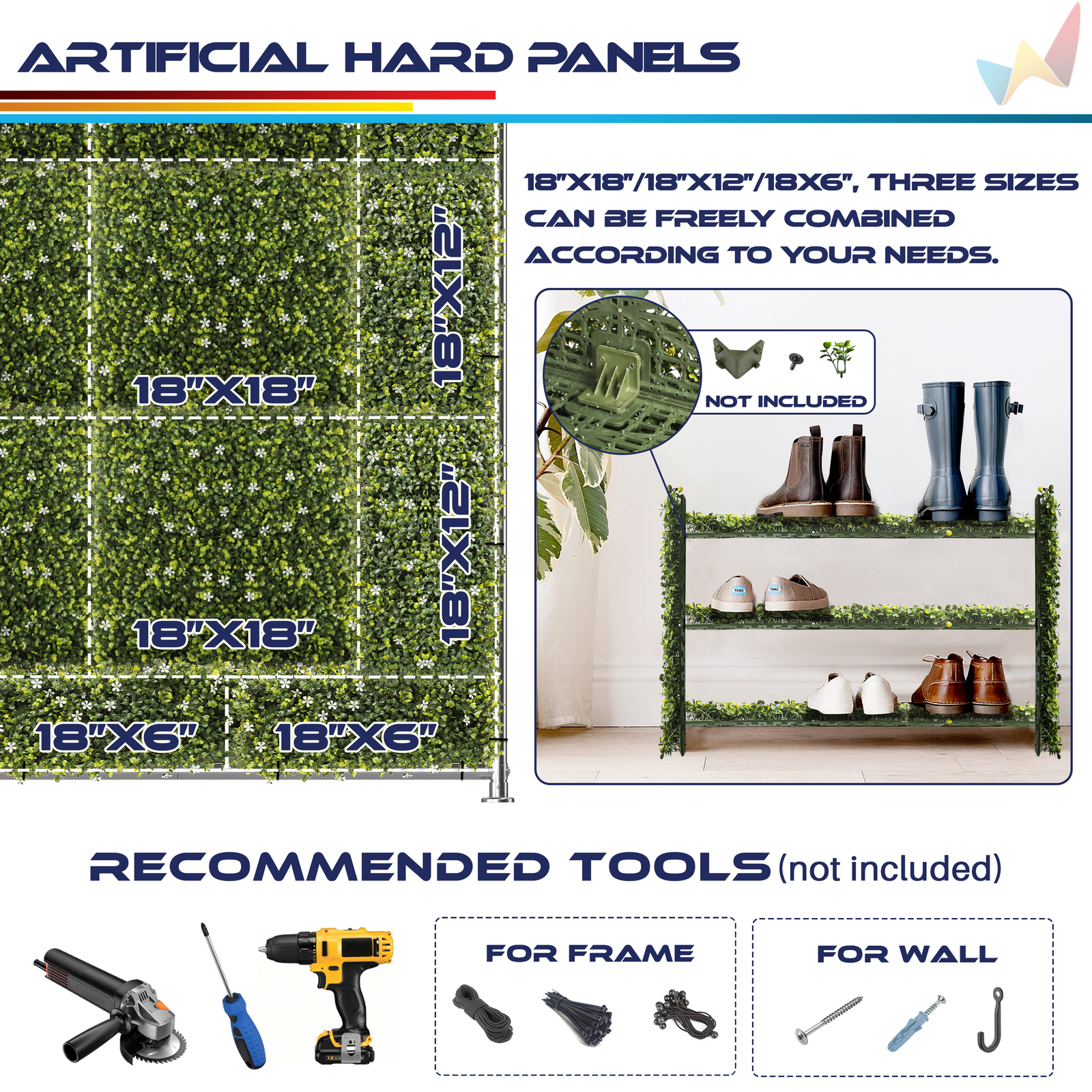 18×12″ Artificial White Flowers Mat Wall Hedge w/ Hard Back Outdoor Grass Panel