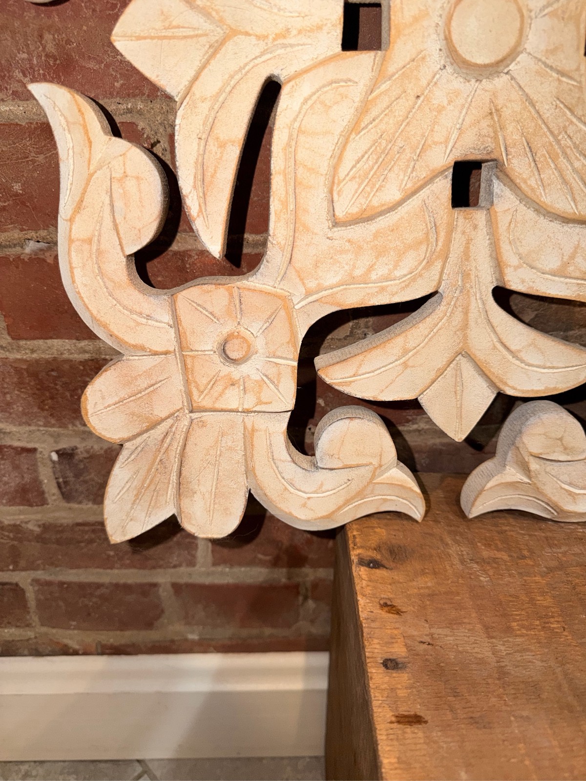 Carved Wood Floral Wall Art Boho White Wash Decor Hanging Aesthetic