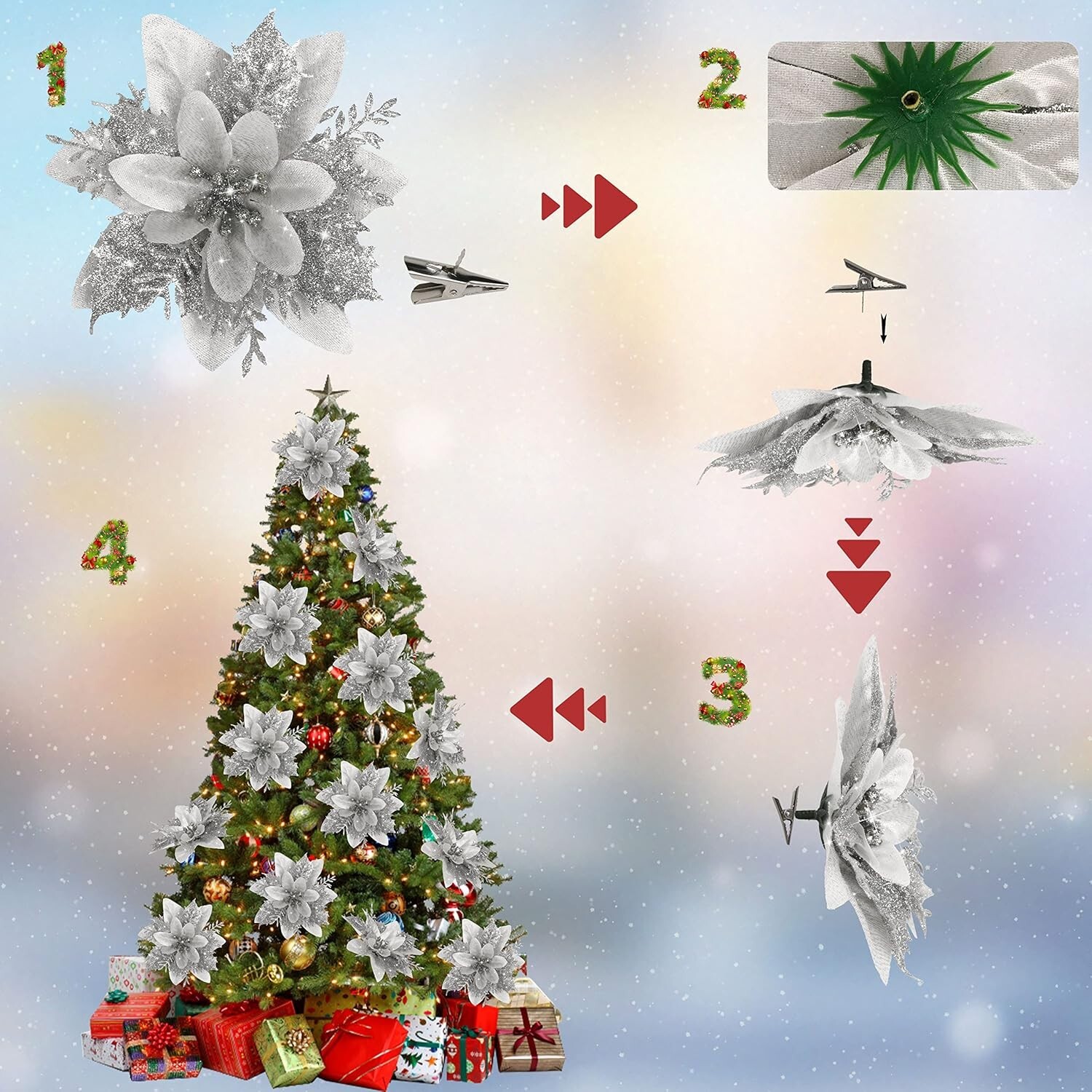 15 PCS Silver Glitter Poinsettia Flowers with Clips for Christmas Tree Decor