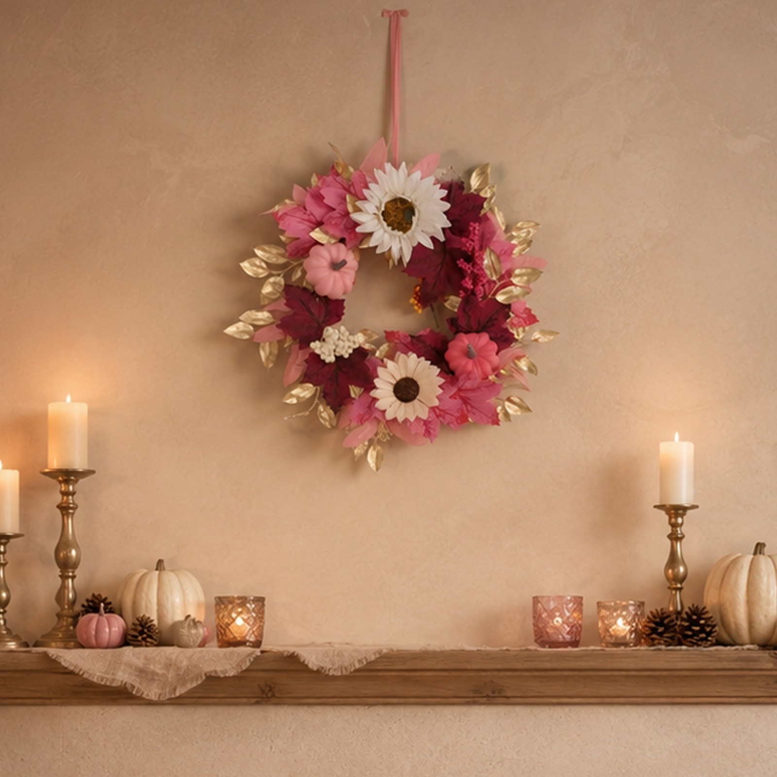 15.75in Artificial For Autumn Wreath Pastel Pink Theme with Pumpkins Sunflowers