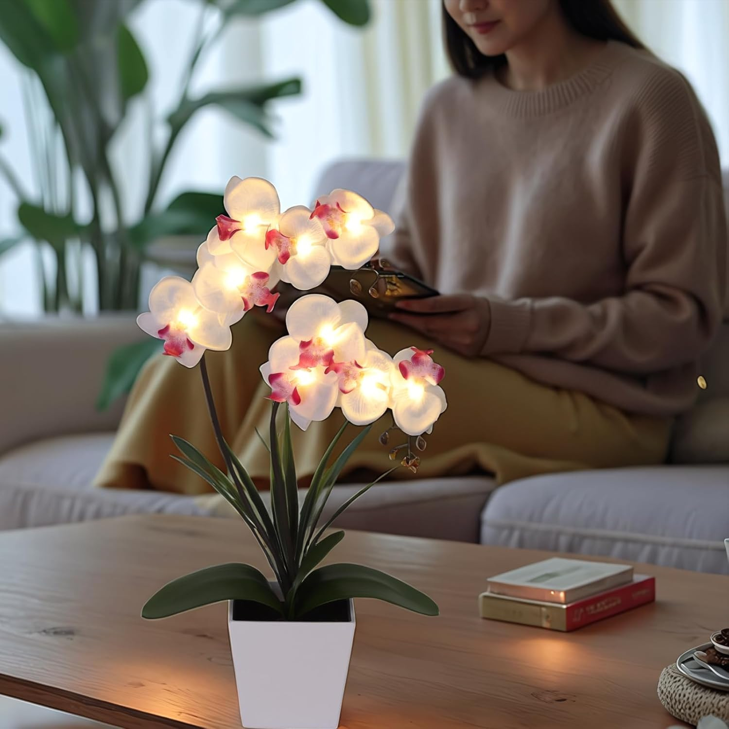 LED Orchid Lamp – Pre-Lit Faux Phalaenopsis Flower Arrangement (White)