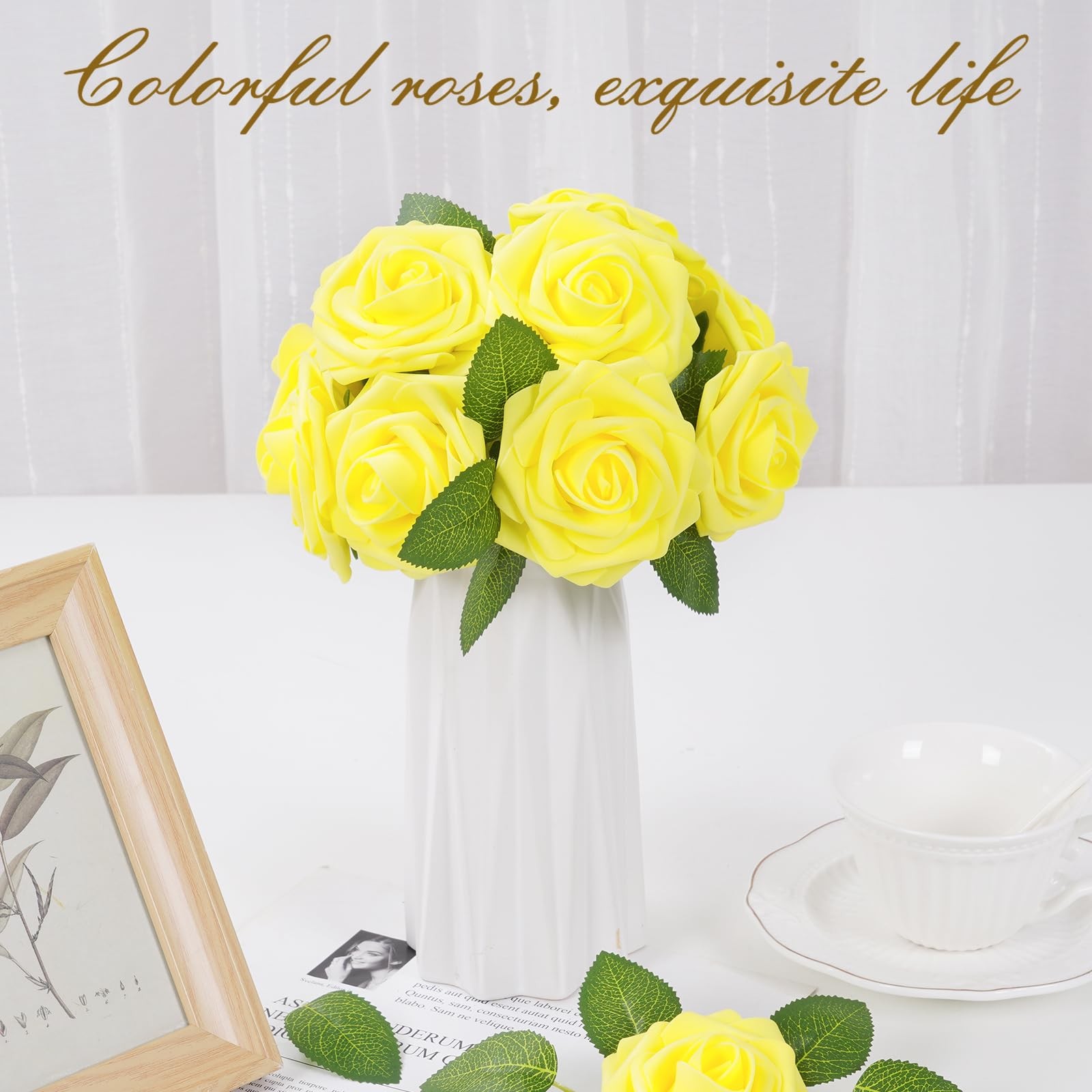 16Pcs Artificial Flowers Fake Roses with Stems, Yellow Boxed Foam Roses for D…