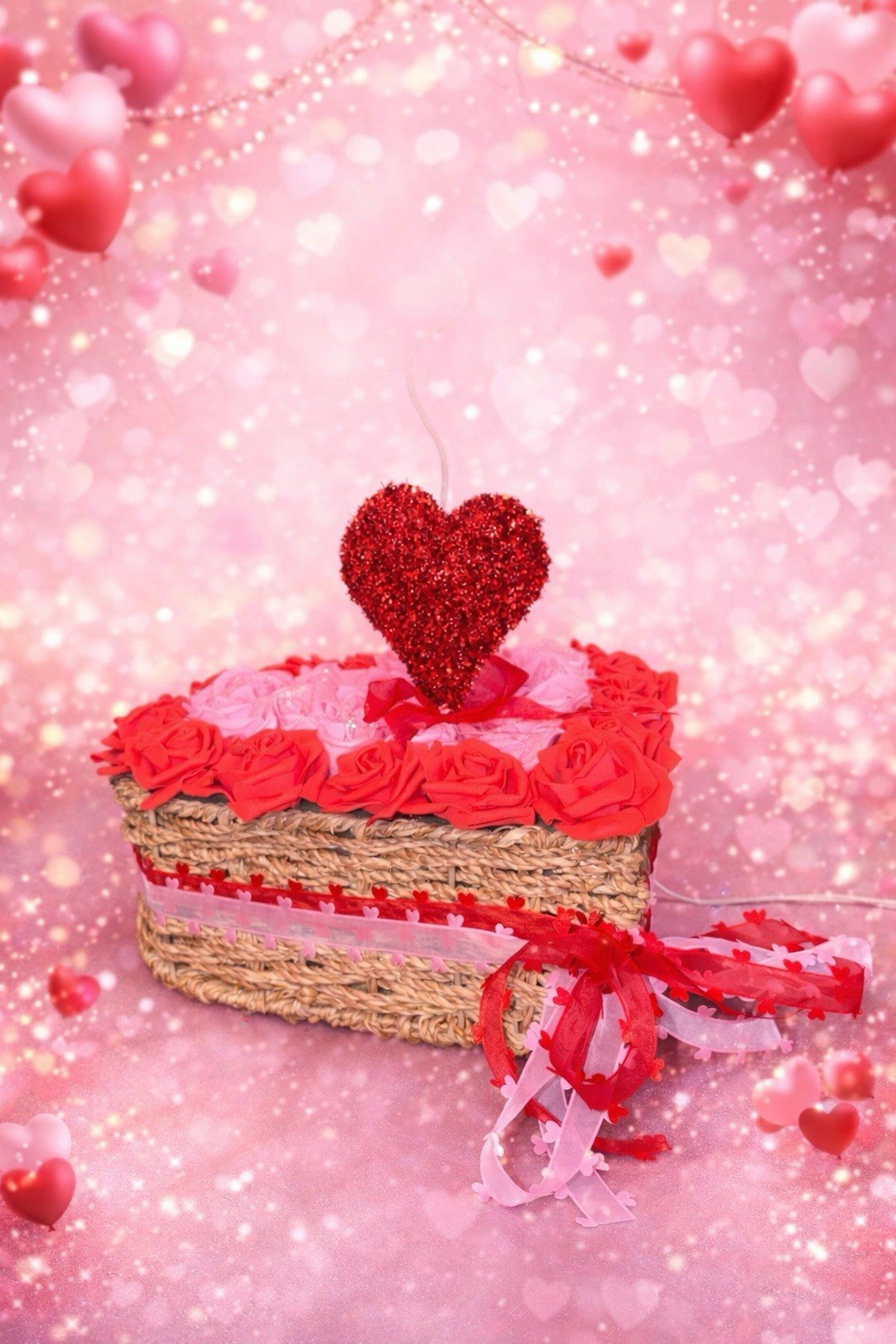 Red And Pink Forever Roses In A Wooden Heart Shaped Box