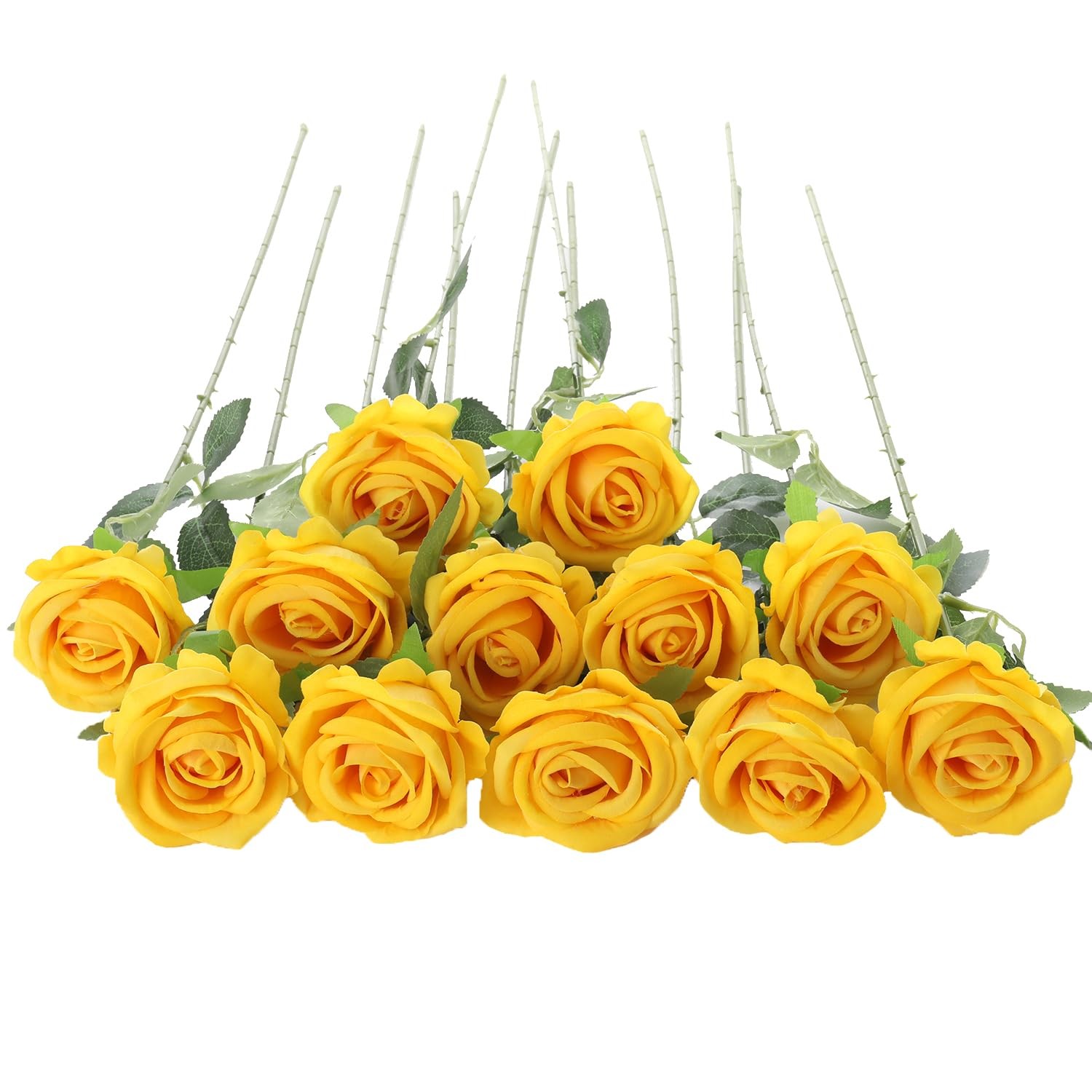 12 PCS Yellow Pearl Artificial Roses Fake Velvet Silk Flowers Wedding Home