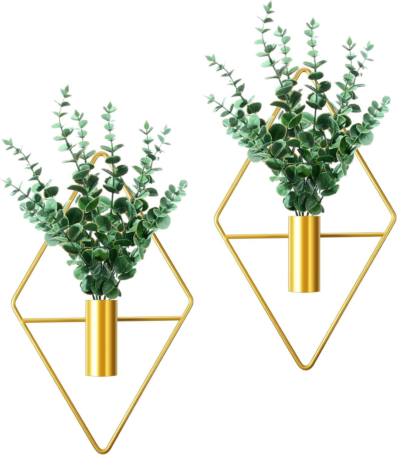 2 Pieces Gold Wall Decor Hanging Planters W/ Artificial Plants Metal Vase Indoor