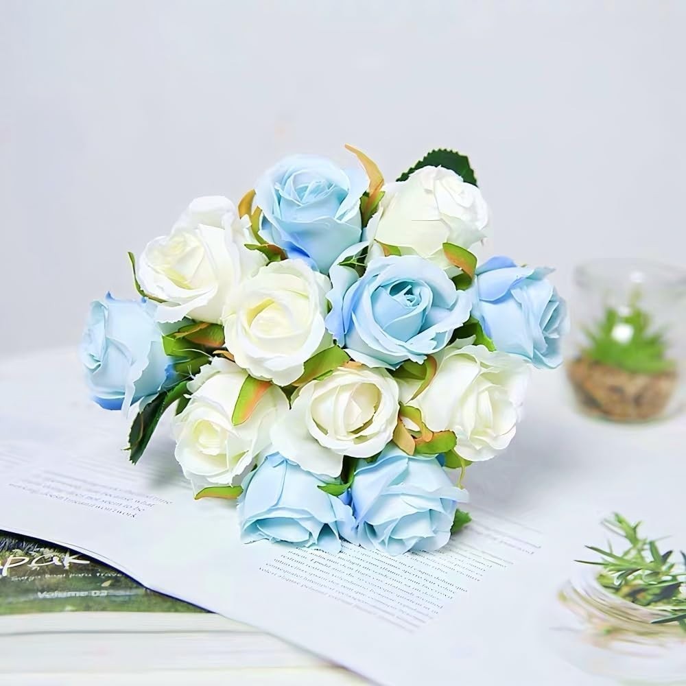 Vibrant Blue and White Roses – Easy Maintenance Silk Bouquet for All Occasions