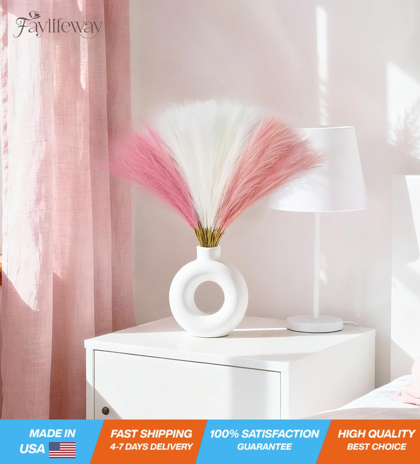 50pcs Artificial Pampas Grass Decor – 17″ Fluffy Blush & Cream Faux Stems