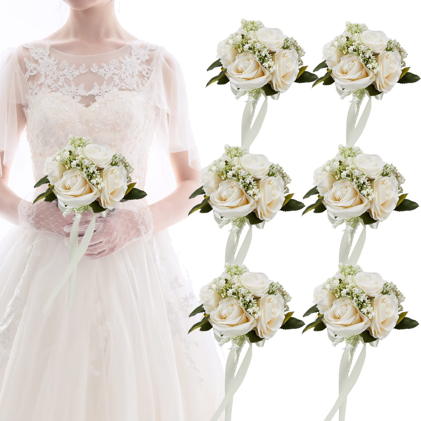 6.5 Inch Bridesmaid Bouquet Set of 6, Ivory Wedding Bouquets for Bridesmaids,…