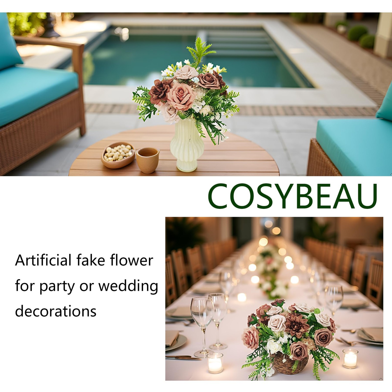 20 PCS Artificial Fake Flowers Roses Mixed Coffee Brown Faux DIY Wedding Decor