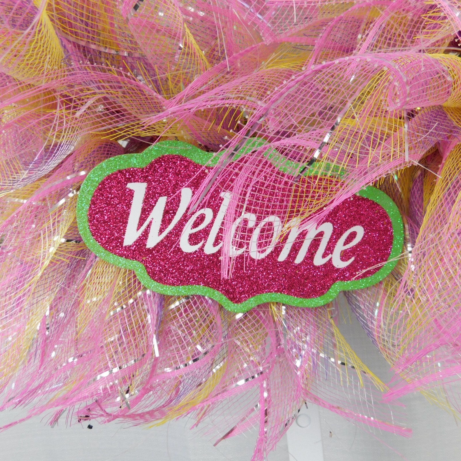 Handmade Mesh Wreath Easter Pastel Glitter Eggs Welcome Sign Metallic Pink #C317