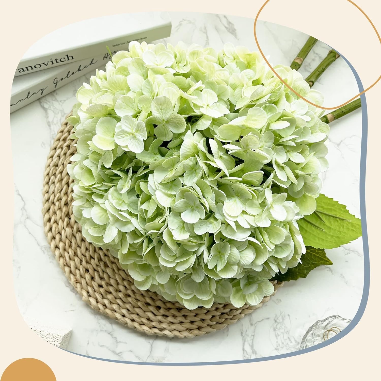 21In Light Green Artificial Hydrangea Flowers 5 Pcs Real Touch 3D Print Latex