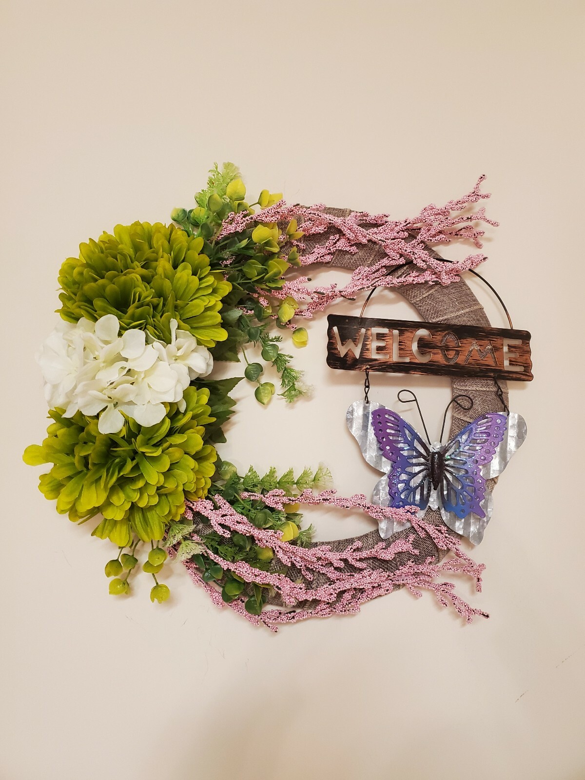 WELCOME fall spring Wreath green white pink FLOWER beige burlap Decor Front Door