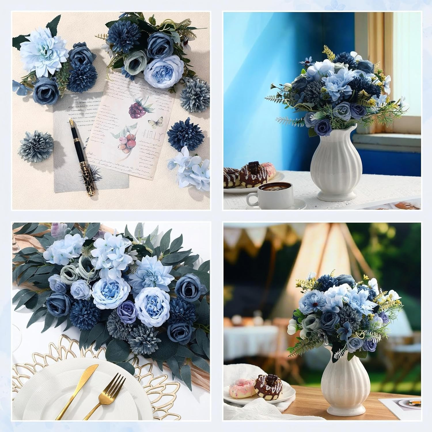 12 Bundles Gradient Blue Artificial Flowers Peonies Silk Dahlia Faux Rose Fake C