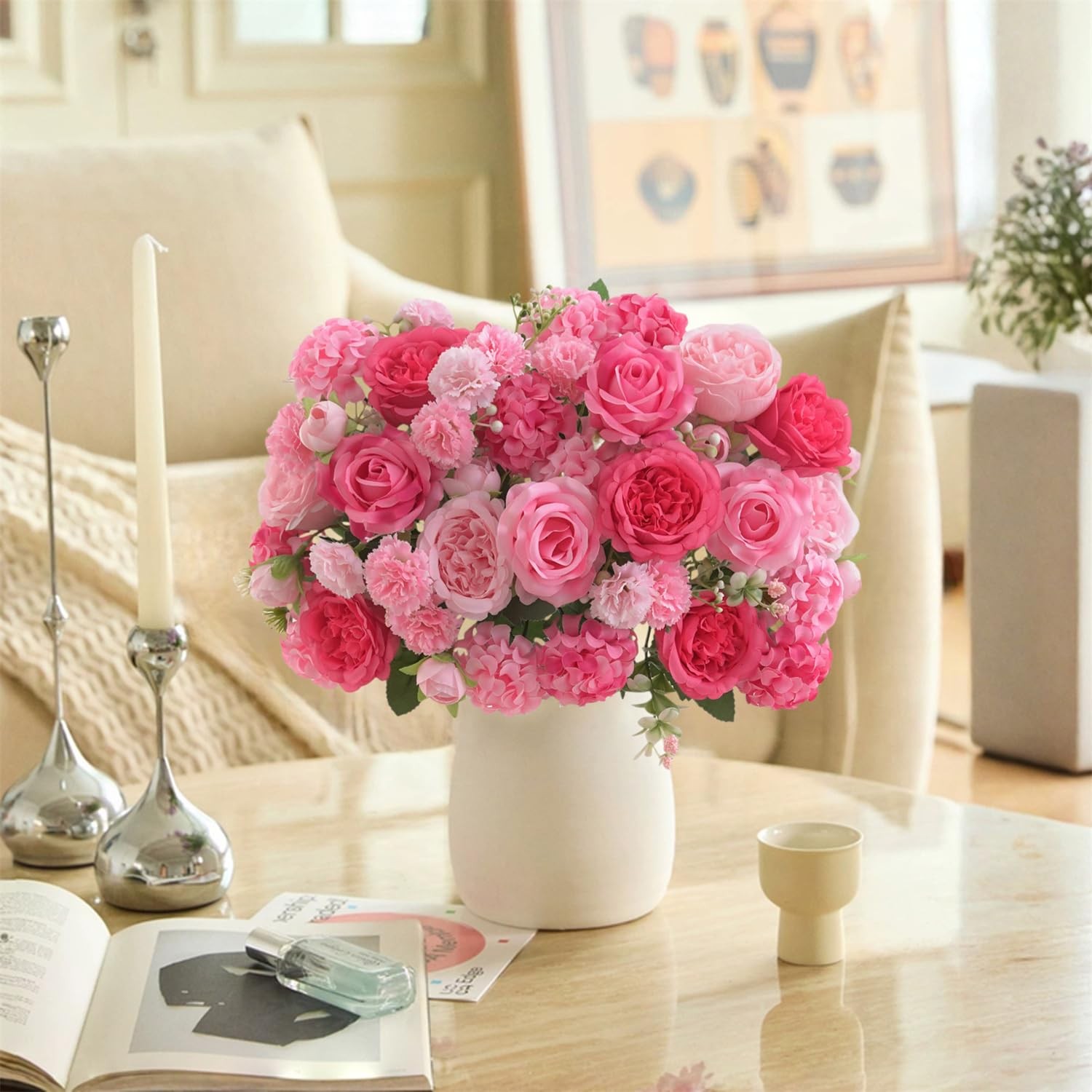 8 Pcs Mixed Artificial Peony Flowers Set-4 Bouquets & 4 Stems, Pink Fake Peon…