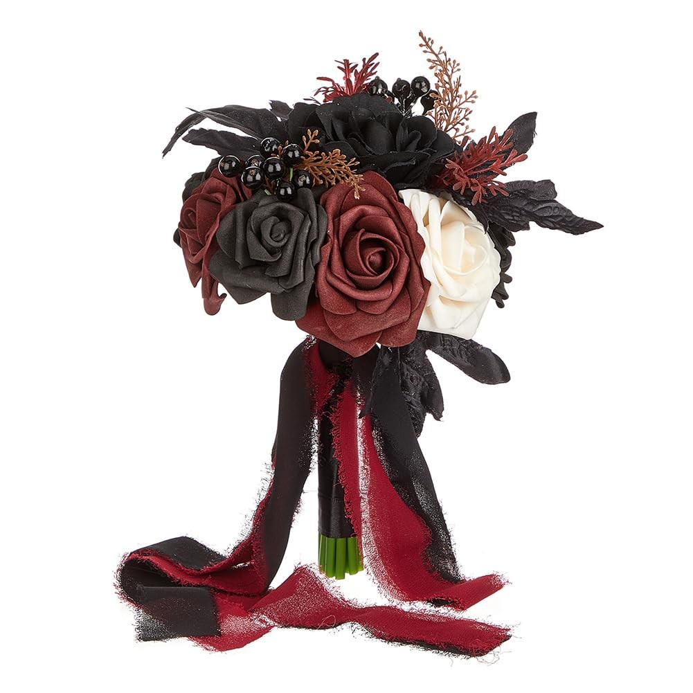 Wedding Bouquets For Bride Bridesmaid Black Burgundy Gothic Artificial Rose