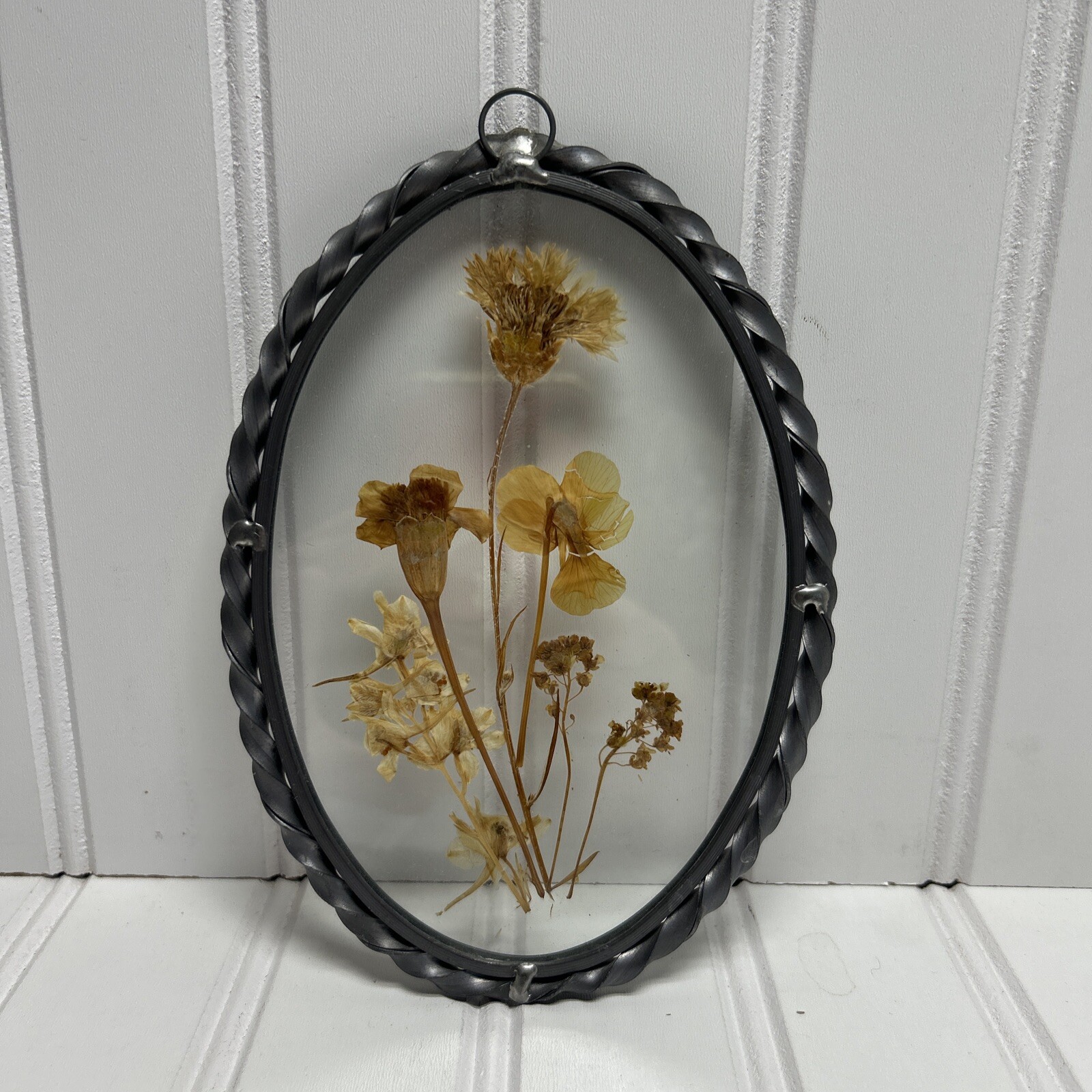 Vintage Lasting Impressions Real Dried Pressed Flowers In Glass W/ Metal Frame