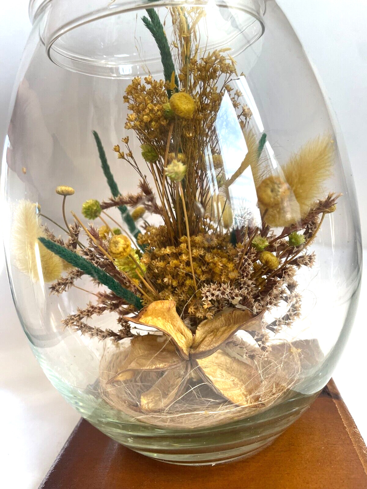 Vintage Glass Egg Terrarium with Dried Yellow Flowers, 1970s, H:10″ by W:5.5″