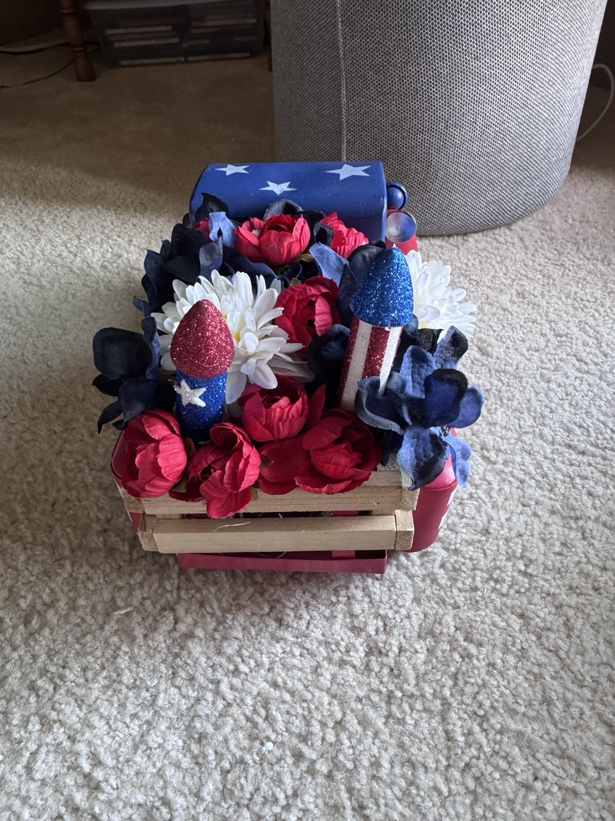 Patriotic Metal Pickup Truck Artificial Floral Centerpiece w/ Hydrangea Rose