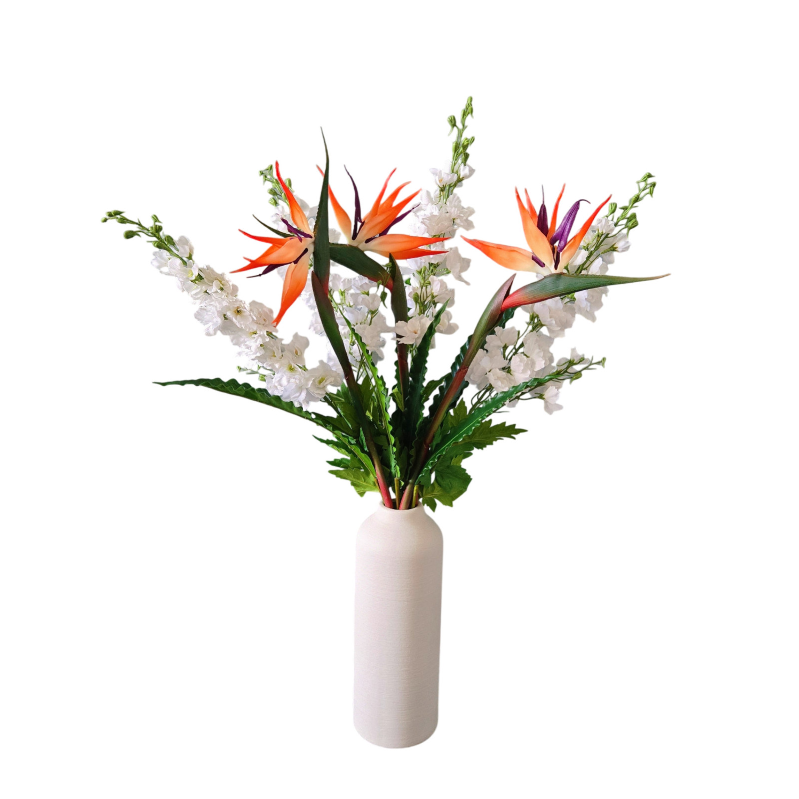 12-Stem Artificial Flower Set ?Bird of Paradise,Bird?s Nest Fern and Delphinium