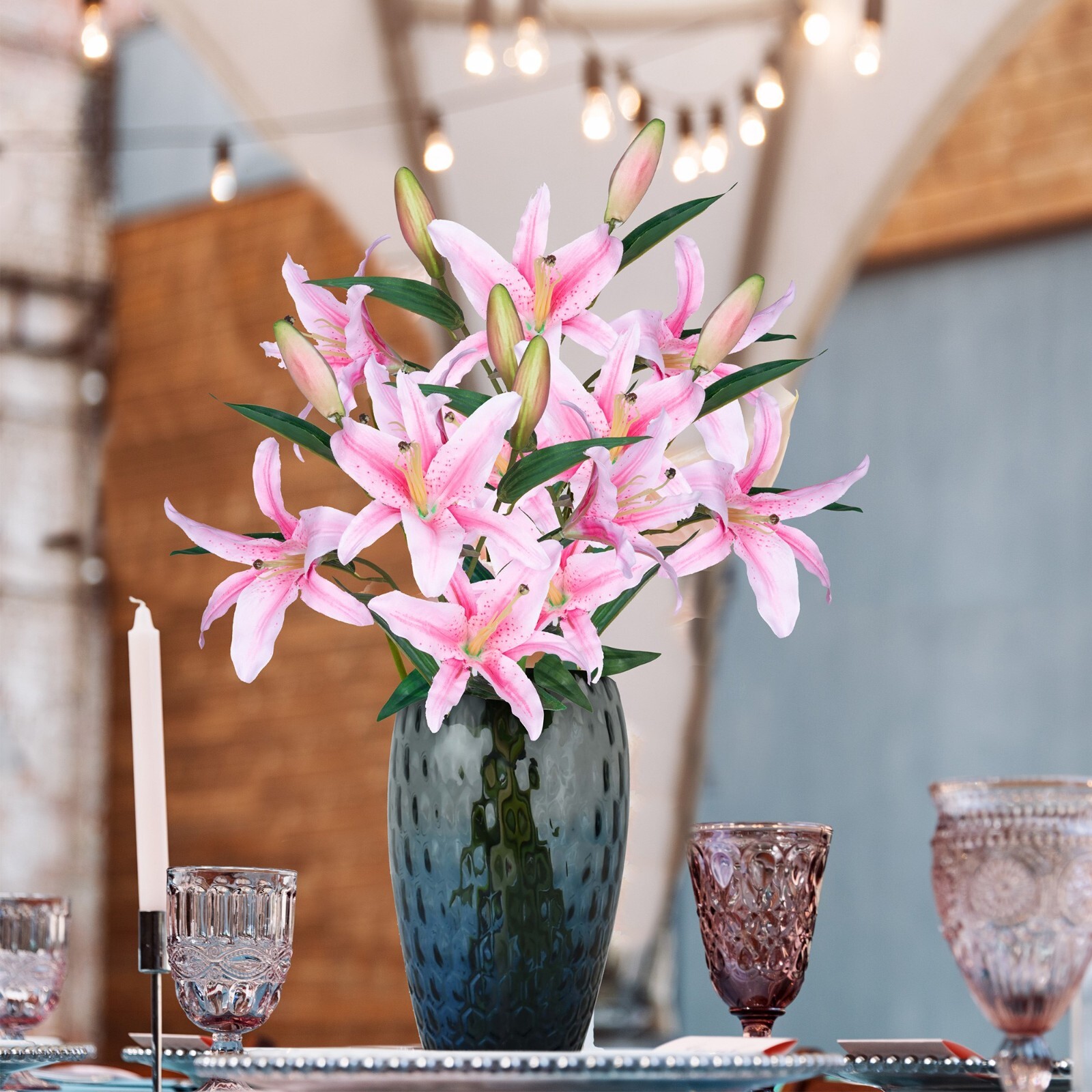 Lilies Artificial Flowers Bulk 30” Long Stems Silk Bouquet for Home Decoration