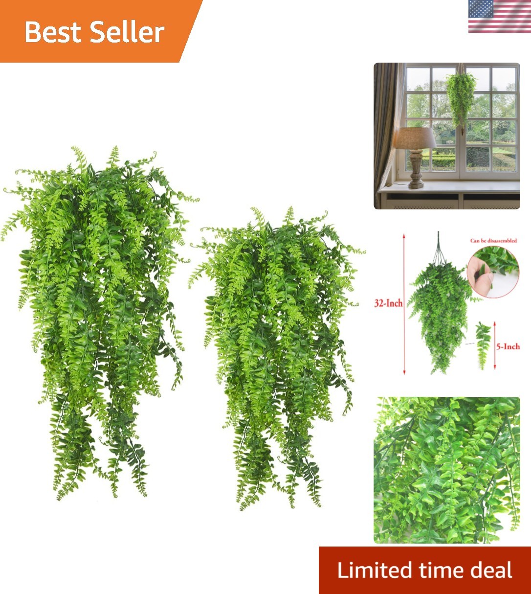 32” Hanging Ferns – 2 Pack of Realistic UV Resistant Plants for All Seasons