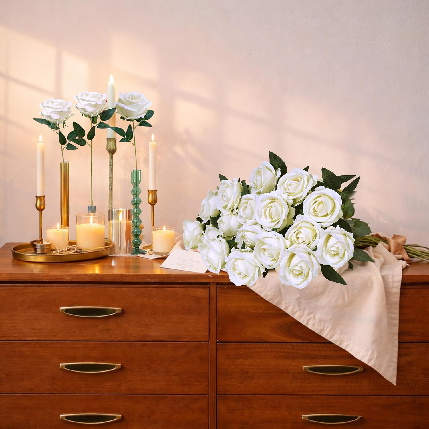 50 PCS Ivory Roses Artificial Flowers, Fake Roses with Stem Realistic Silk Roses