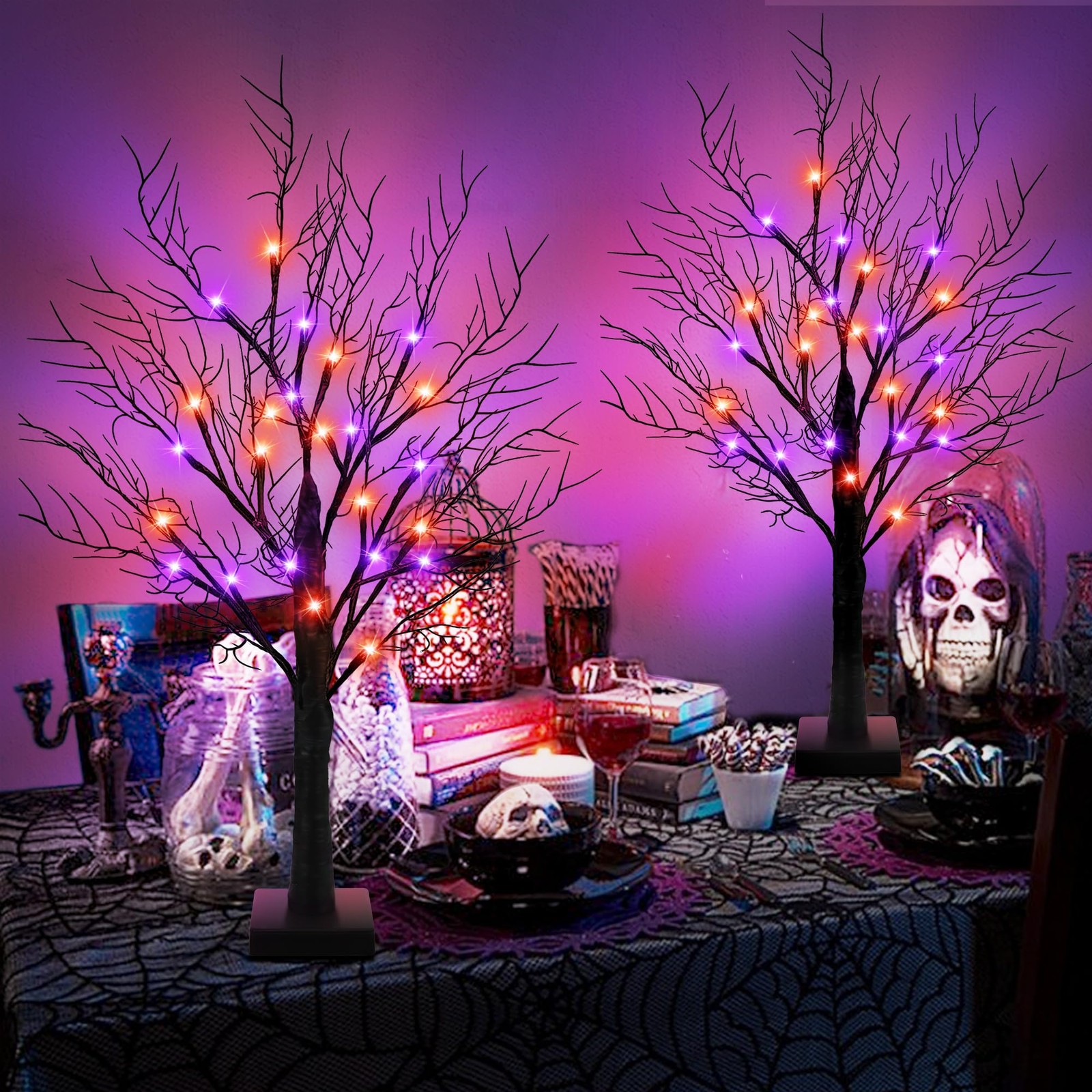 Halloween Decorations 2 Pack 24 Inch Halloween Tree 24 Orange & Purple Lights