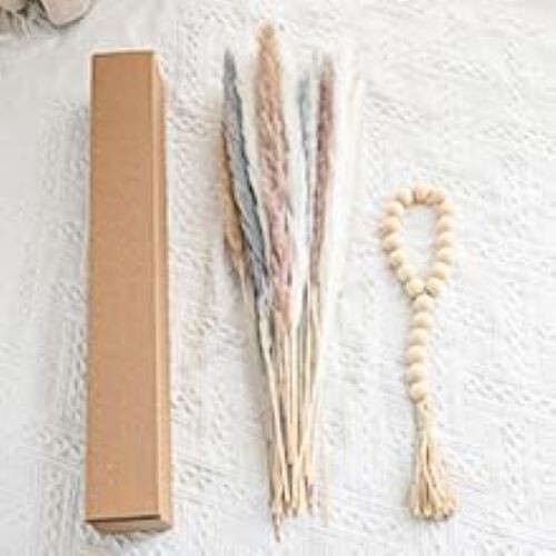17 Inch Pink & White 30 pcs Pampas Grass with Wooden Elegant Beads – No Vase