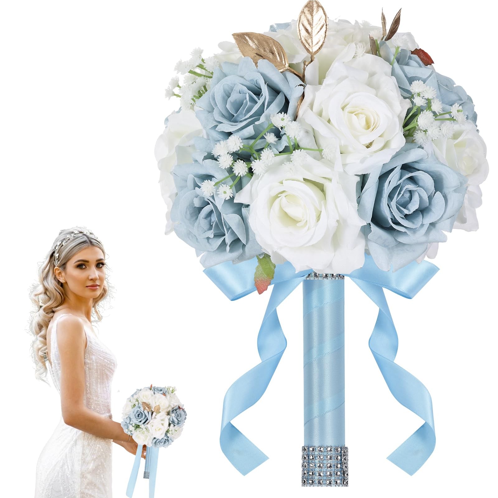 9 Inch Wedding Bouquets for Bride White & Blue Artificial Silk Roses Realistic