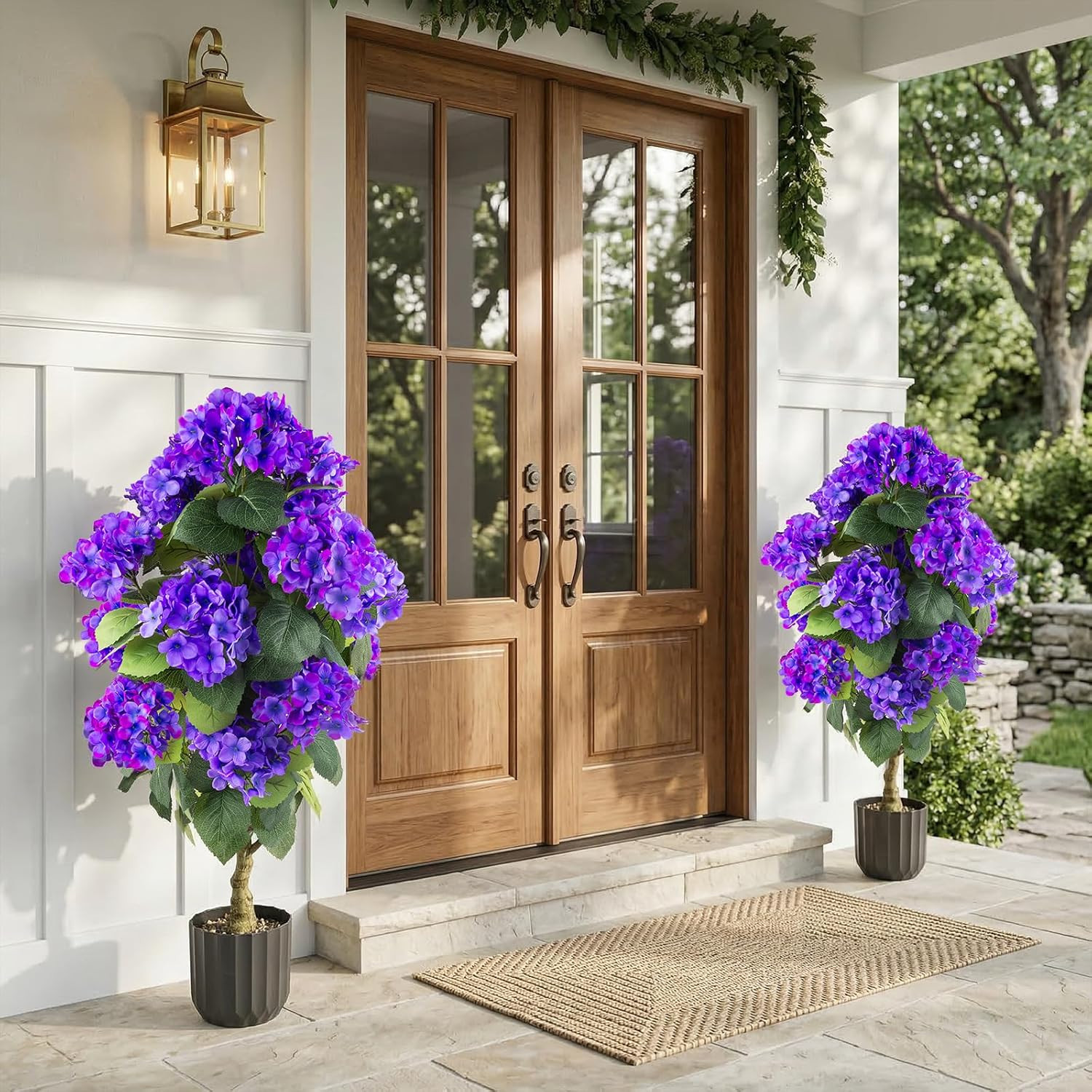 2 Pcs 3 Ft Artificial Hydrangea Trees Potted, UV Resistant Faux Silk Hydrangea P