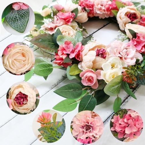 [Lighted & Timer] 22″ Spring Summer Wreaths for Front Door Peony Wreath with