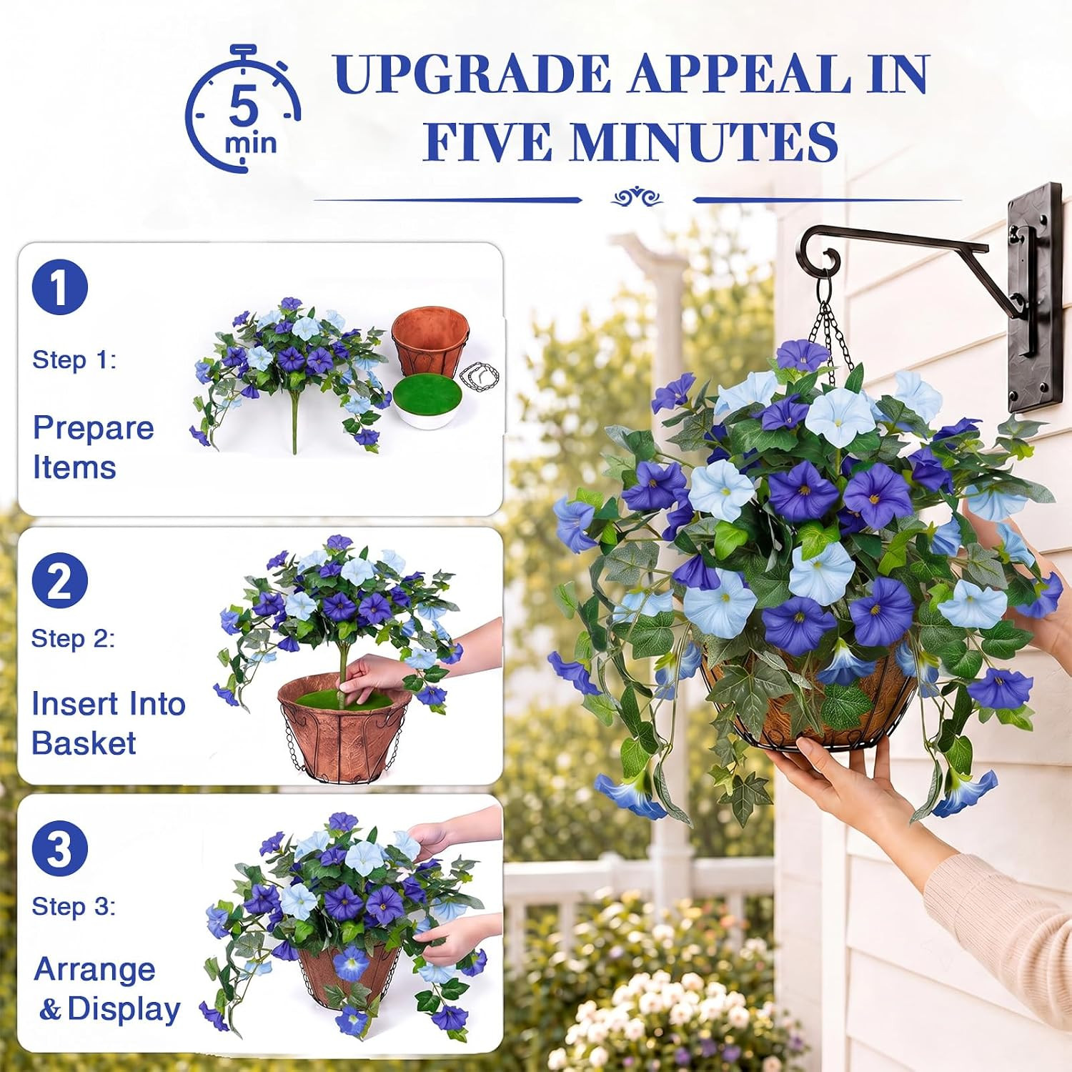 UV Resistant Faux Petunias – 2Pcs Blue & White Hanging Outdoor Flowers